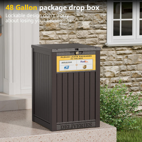 LHBGO large double-wall resin box resists outdoor weather while storing deliveries.