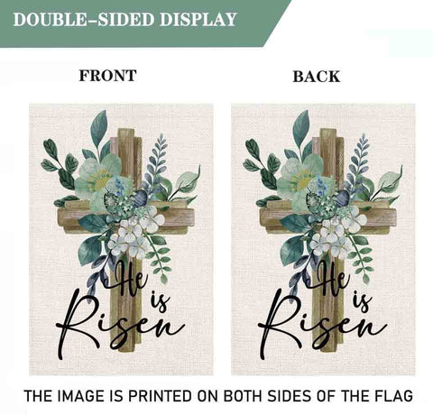 LHSION He Is Risen double-sided flag with legible text on both sides.