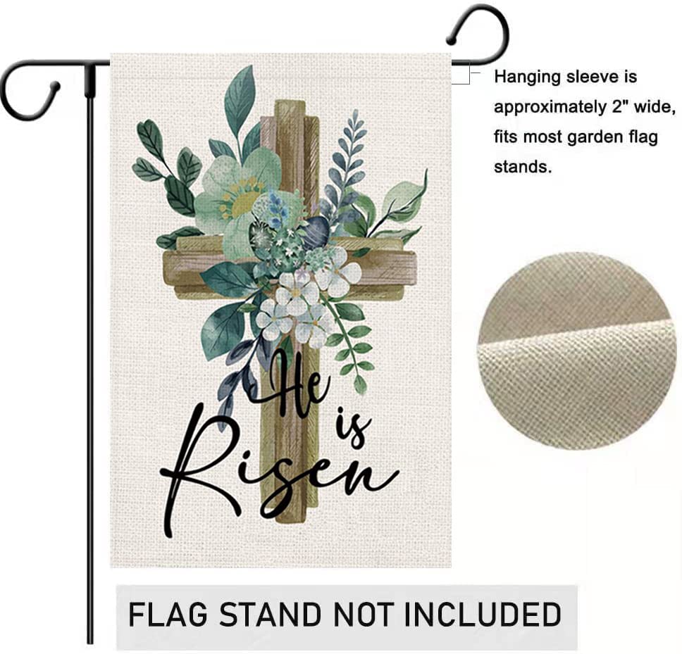LHSION He Is Risen burlap texture flag highlights rustic Easter charm outdoors.