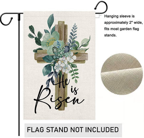 LHSION He Is Risen burlap texture flag highlights rustic Easter charm outdoors.
