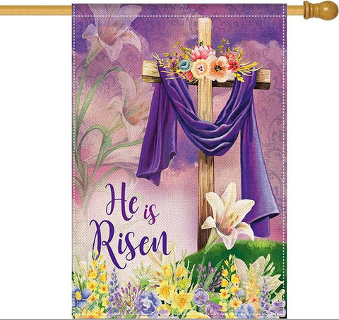 LHSION He is Risen flag with double-sided burlap for outdoor Easter display.