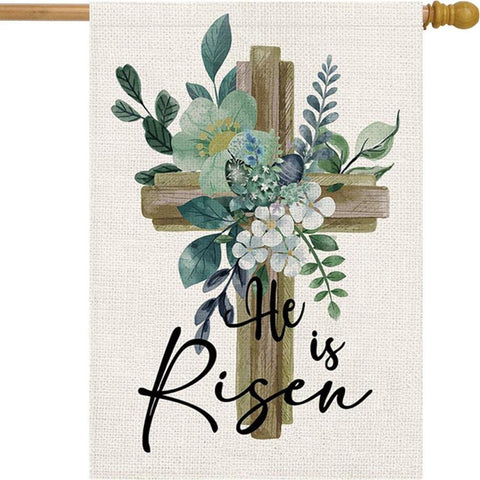 LHSION He Is Risen flag, front view, durable burlap for outdoor Easter decor.