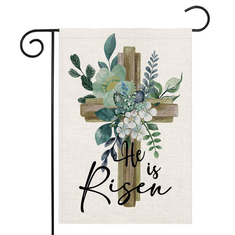 LHSION He Is Risen garden flag front view with durable burlap and vivid Easter design.