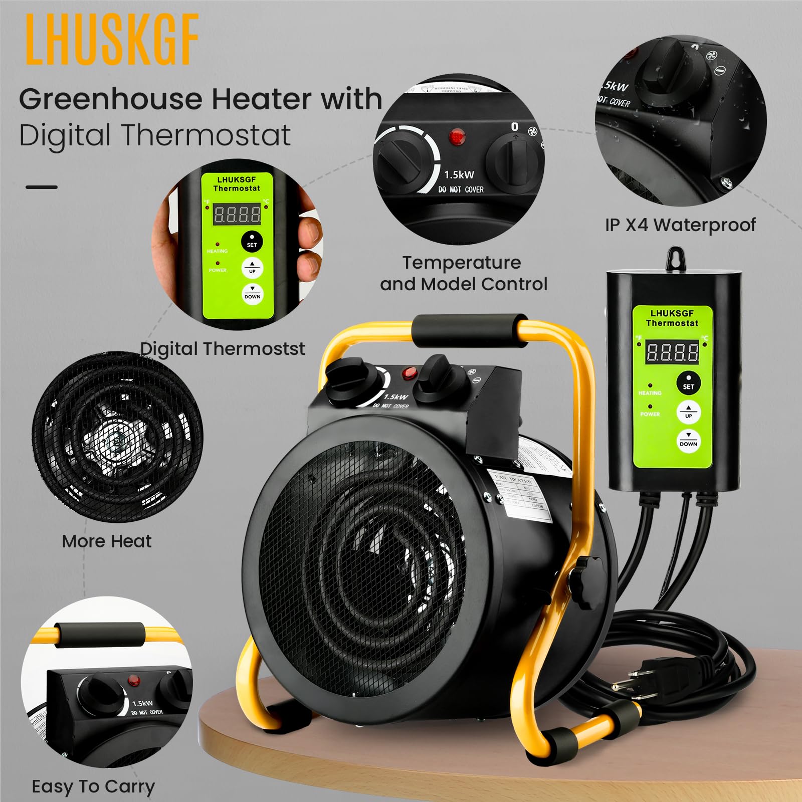 LHUKSGF portable greenhouse heater with handle for easy relocation.