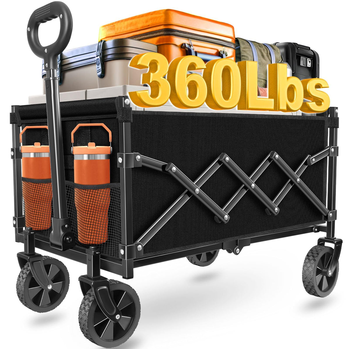 LIAPOTT foldable wagon in compact folded form, easy to store in car trunk.