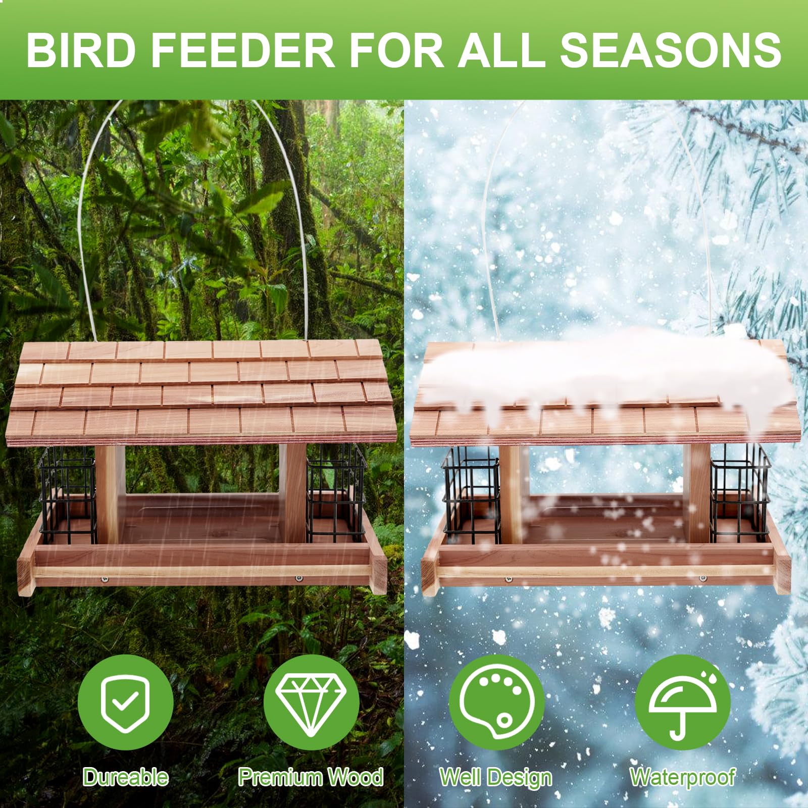 Liawm cedar roof highlights weatherproof design for outdoor use.