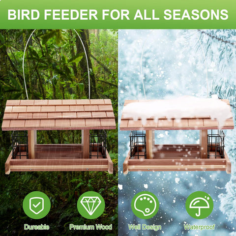 Liawm cedar roof highlights weatherproof design for outdoor use.