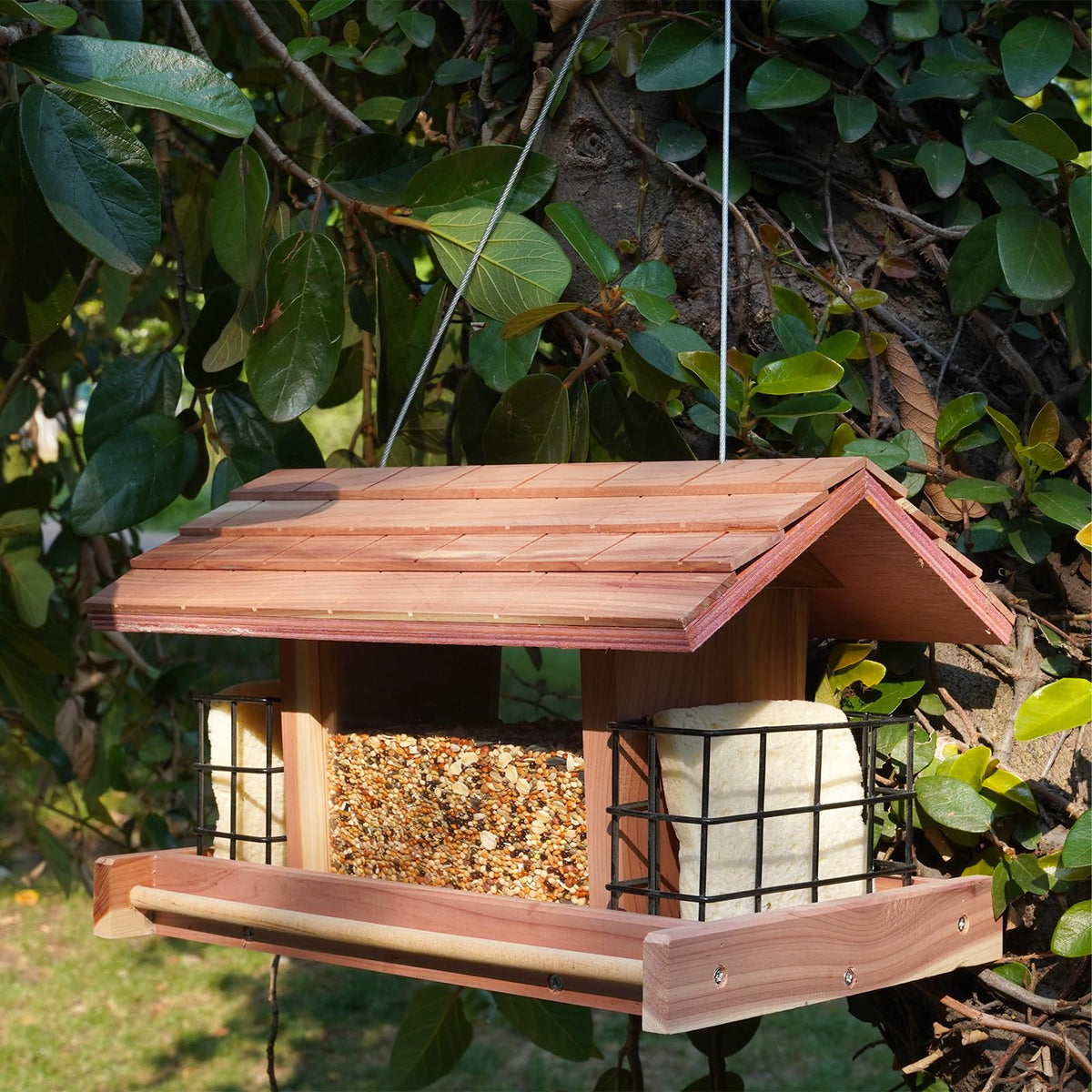 Liawm red cedar bird feeder exterior view showing durable weatherproof housing.