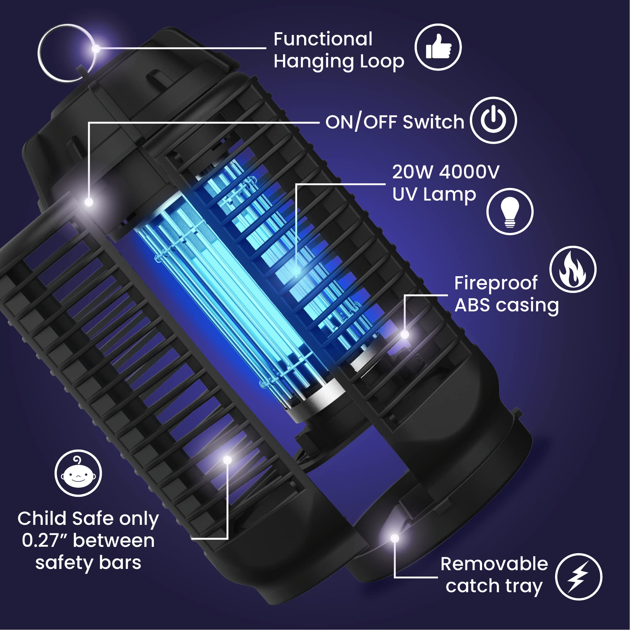 LiBa IPX4 waterproof bug zapper with hanging ring for decks and gardens