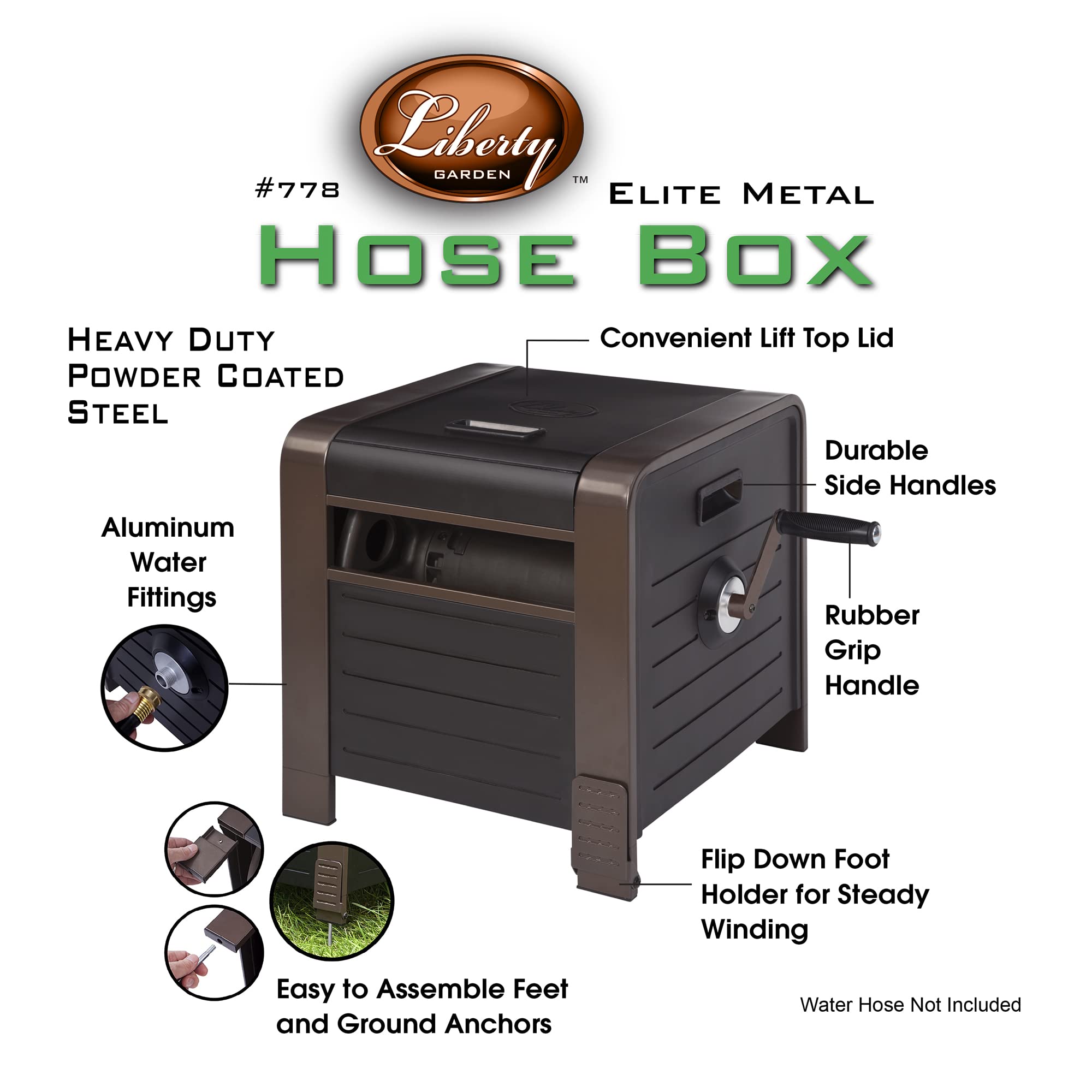 Liberty Garden 200ft capacity hose reel enables smooth unwinding and quick watering.