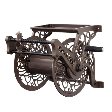 Liberty Garden 707 bronze hose reel on wall mount keeps hoses tidy and accessible