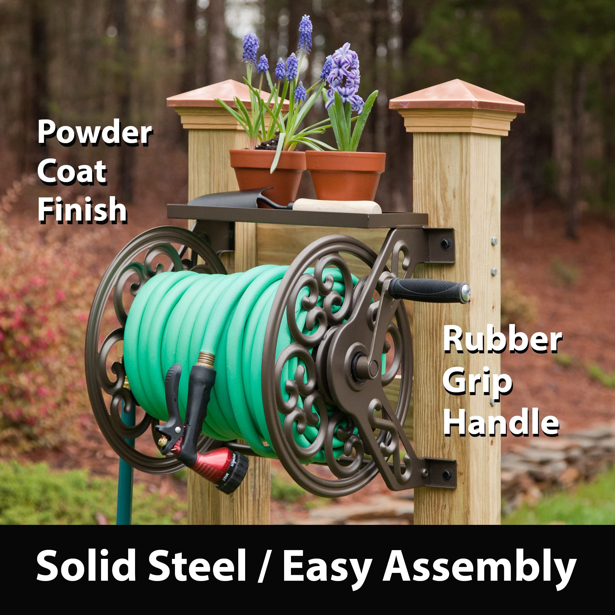 Liberty Garden 708 hose reel with shelf keeps nozzles within reach.