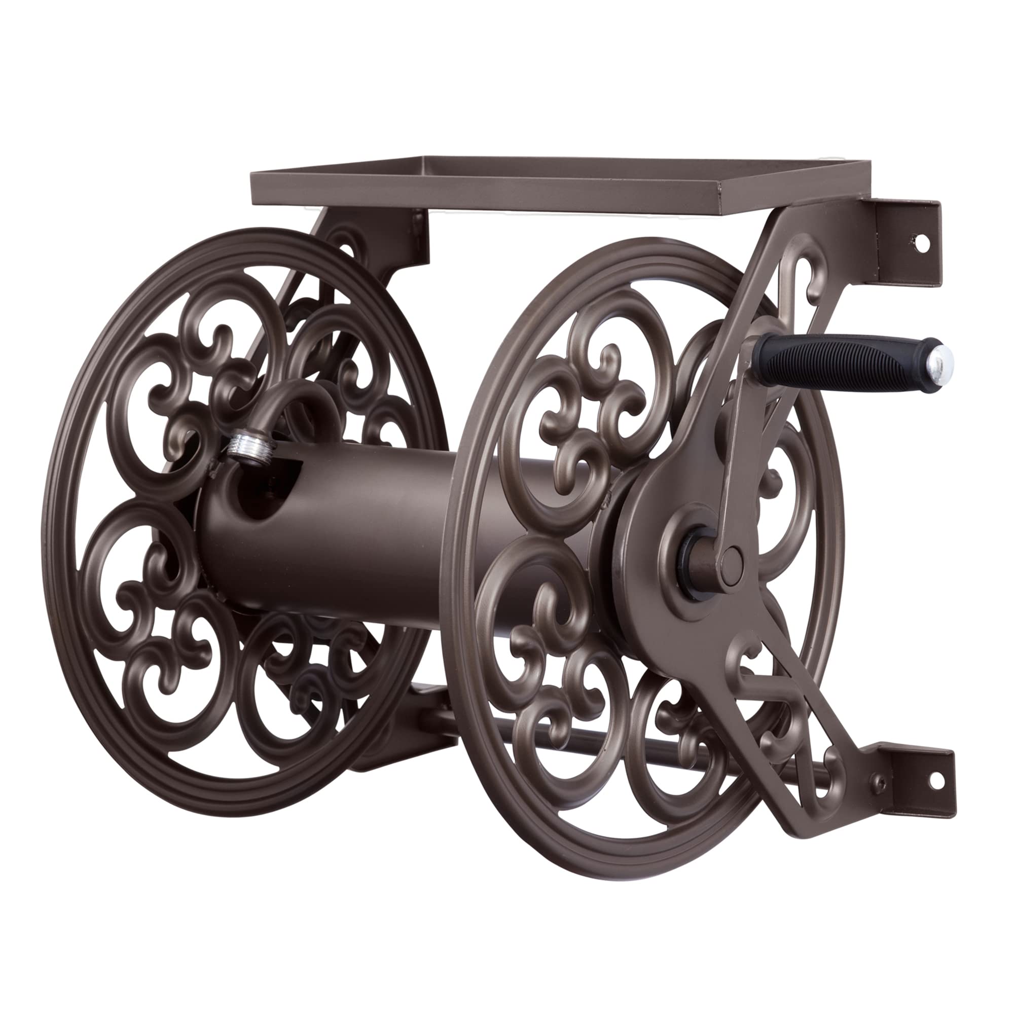 Liberty Garden 708 wall-mount hose reel bronze finish on exterior wall for tidy hoses.