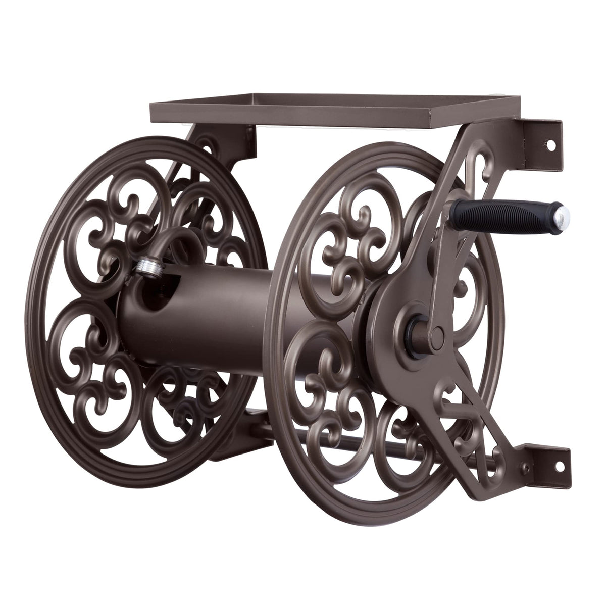 Liberty Garden 708 wall-mount hose reel bronze finish on exterior wall for tidy hoses.