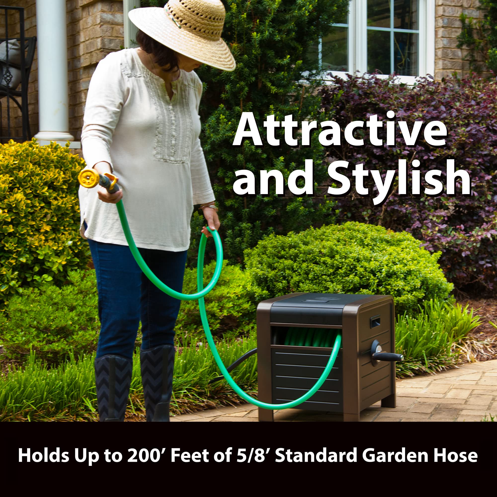 Liberty Garden bronze hose box with soft grip reel handle for easy winding.