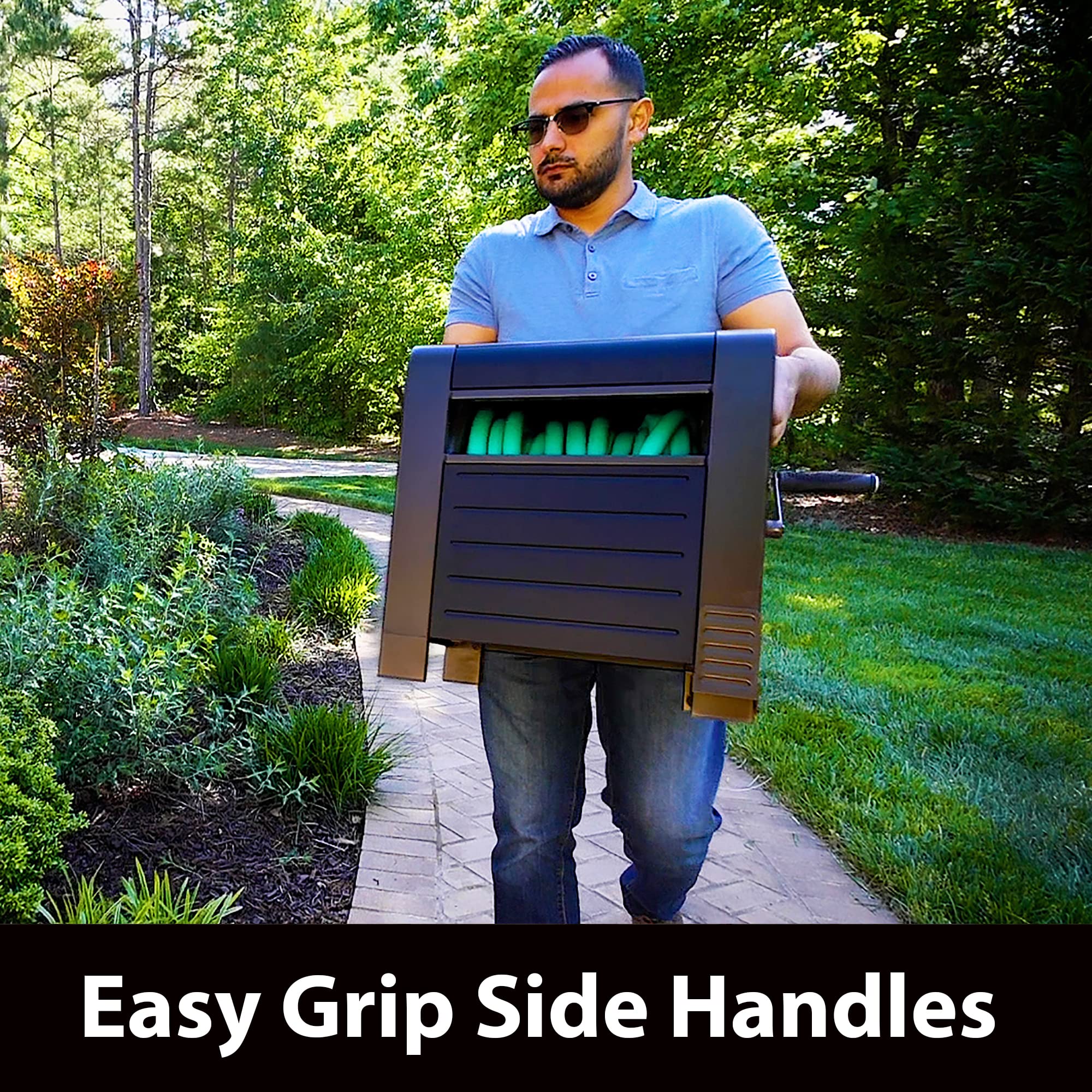 Liberty Garden hose box with optional ground spikes for secure outdoor mounting.