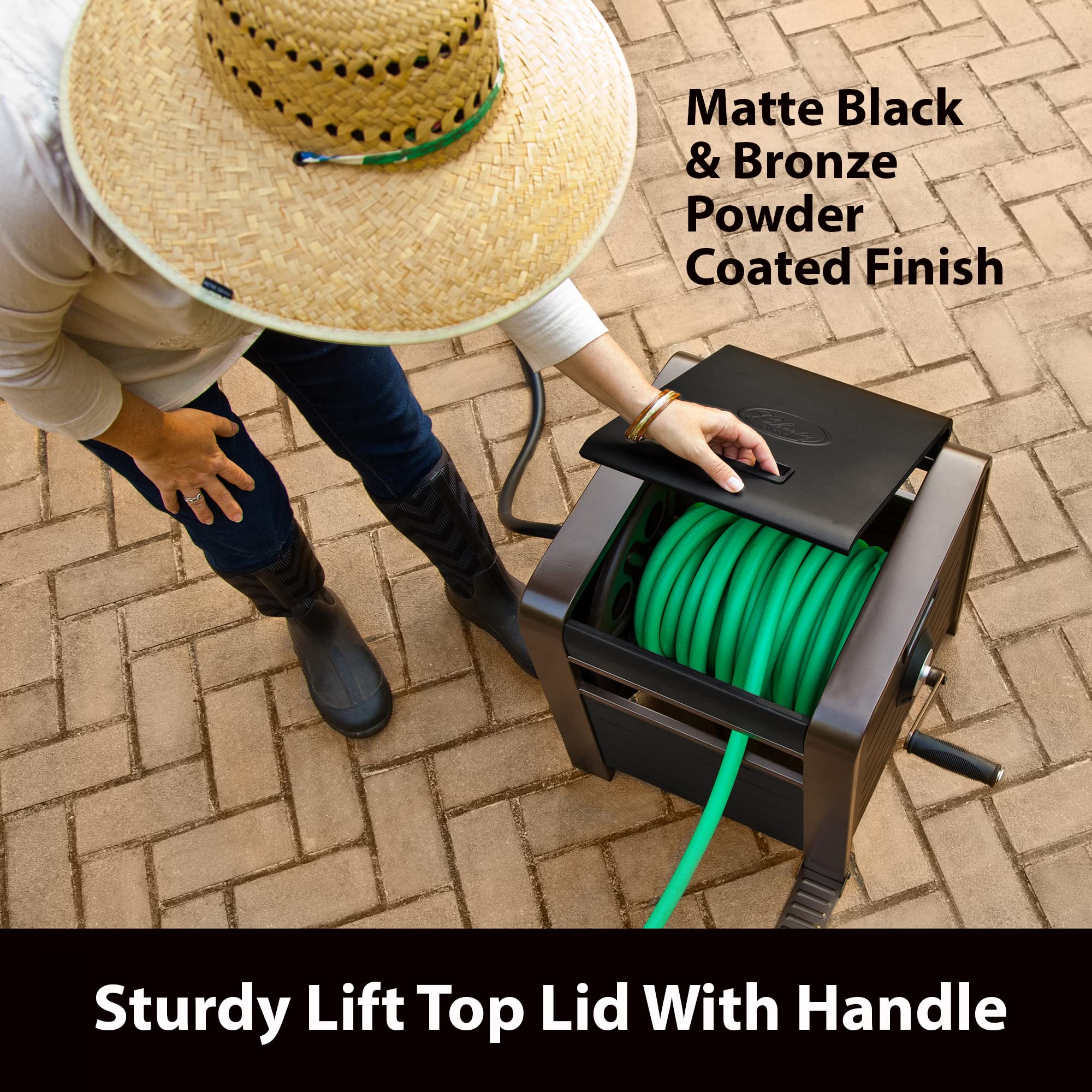 Liberty Garden hose box features a fold down step for stable winding.