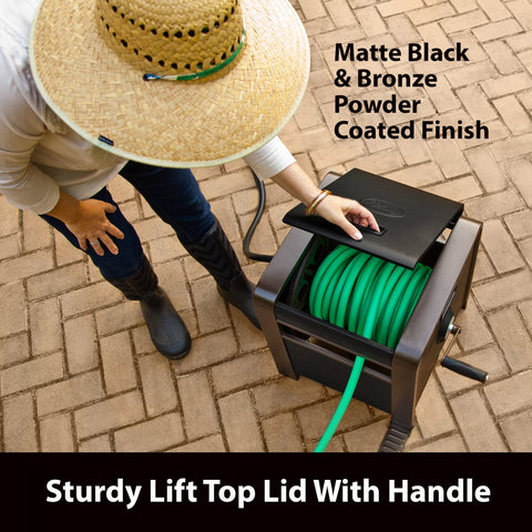 Liberty Garden hose box features a fold down step for stable winding.