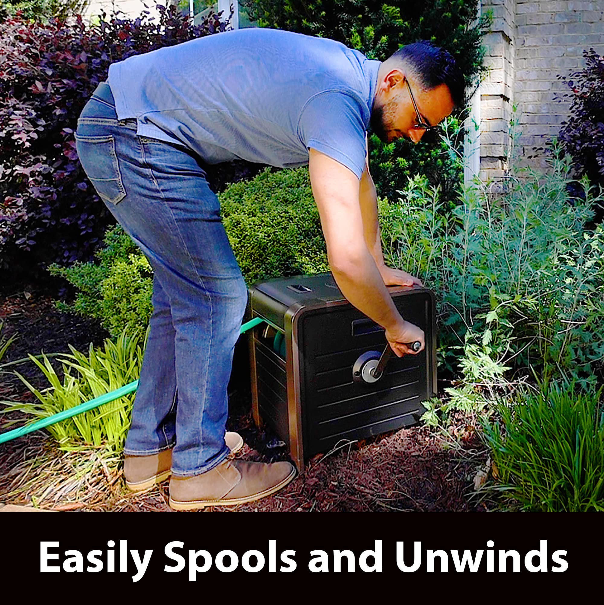Liberty Garden portable hose storage box with hand grips for easy transport.