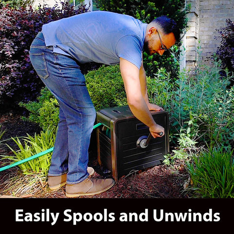 Liberty Garden portable hose storage box with hand grips for easy transport.