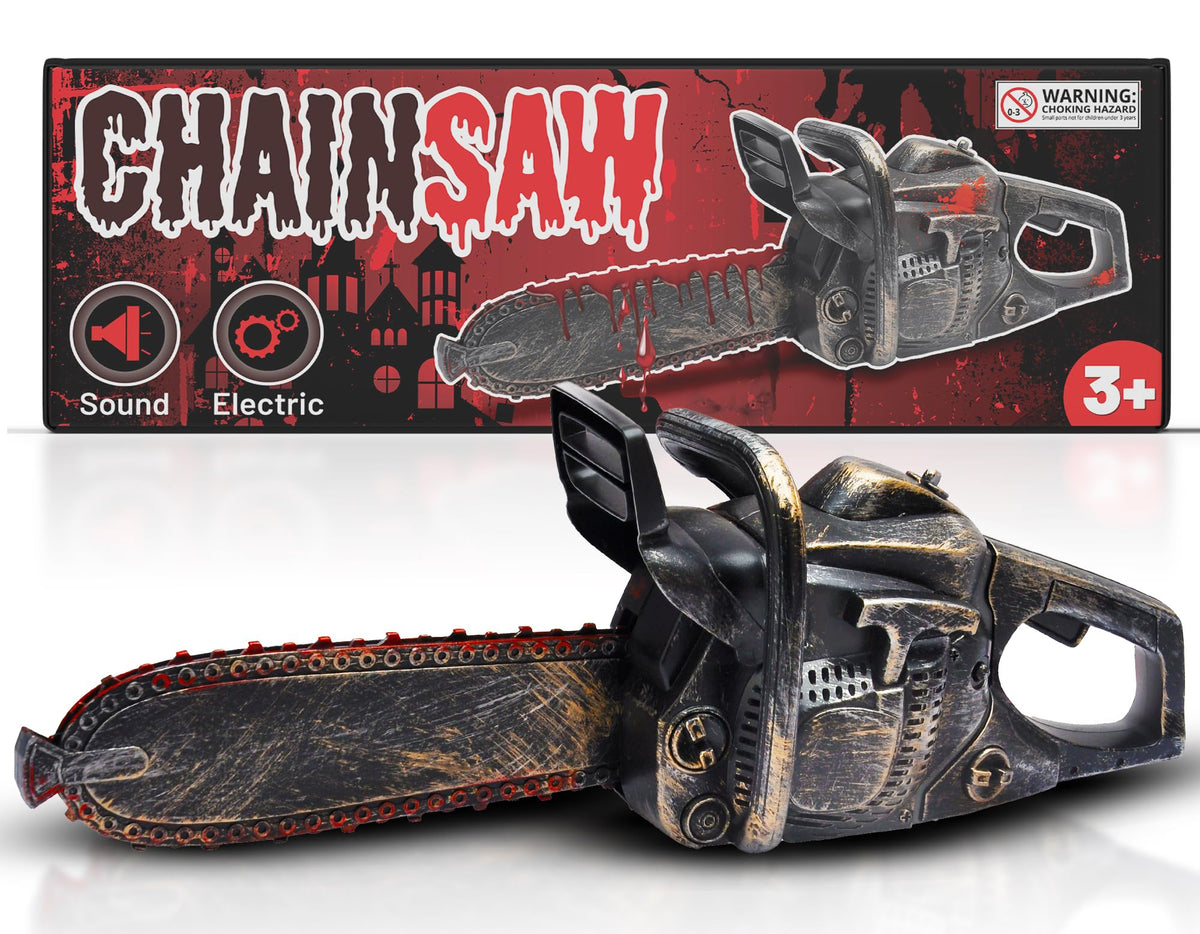 Liberty Imports 16inch Bloody Rusty Chainsaw front view for spooky Halloween decor.