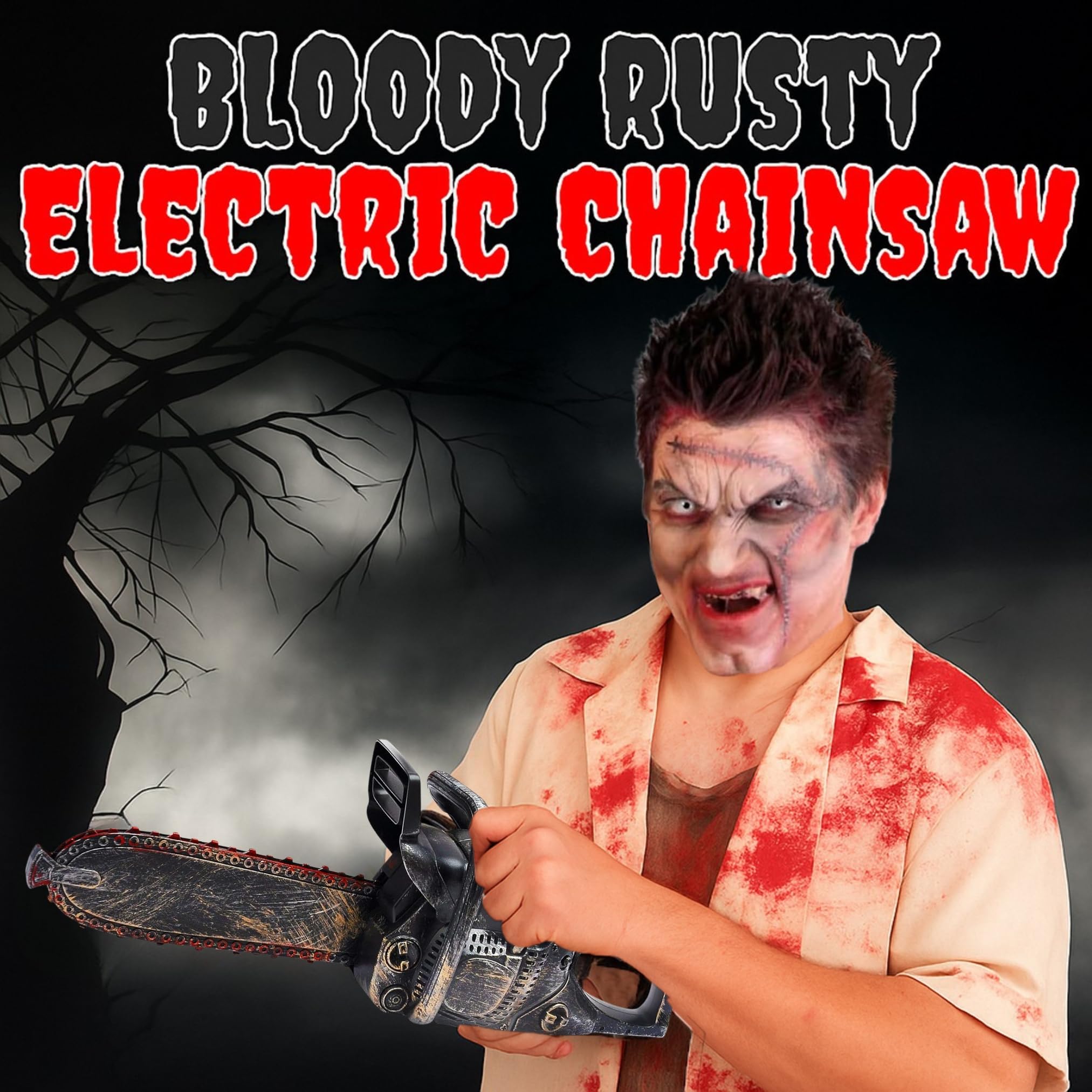 Liberty Imports 16inch Bloody Rusty Chainsaw side view enhances haunted house ambience.