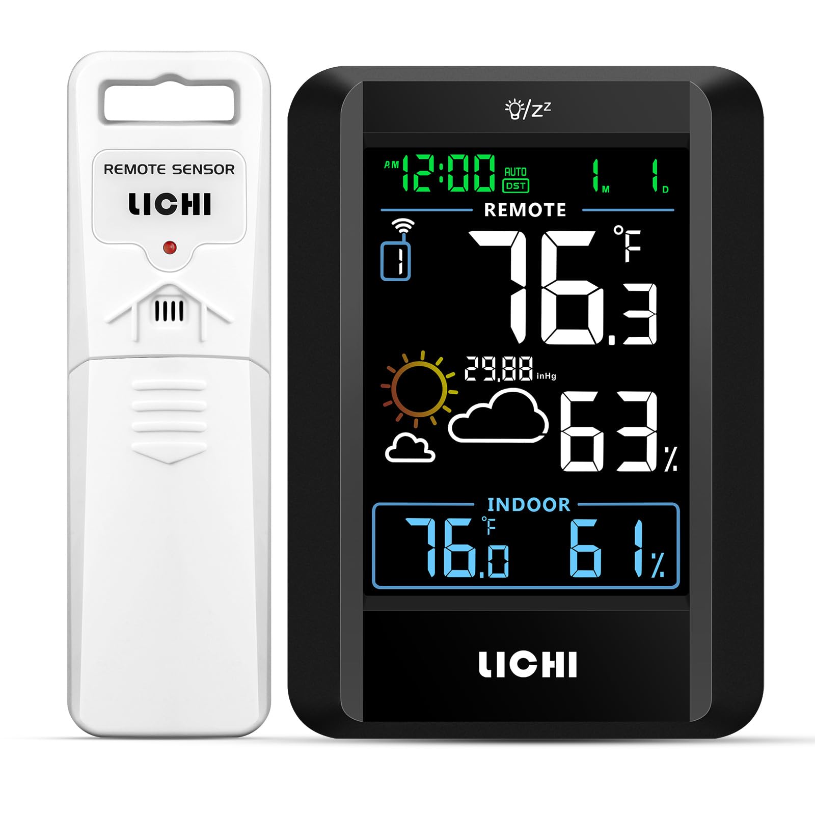 LICHI indoor-outdoor thermometer front display shows temperature, humidity, and time at a glance.