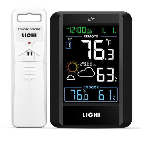 LICHI indoor-outdoor thermometer front display shows temperature, humidity, and time at a glance.