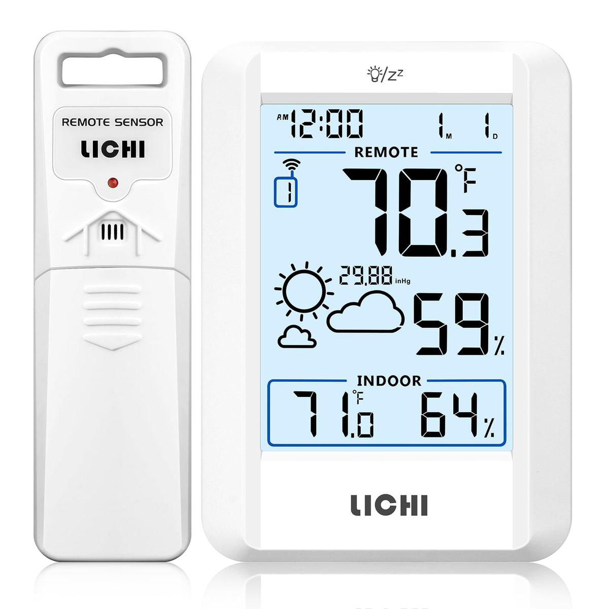 LICHI indoor outdoor thermometer main unit display shows real-time temp and humidity at a glance.