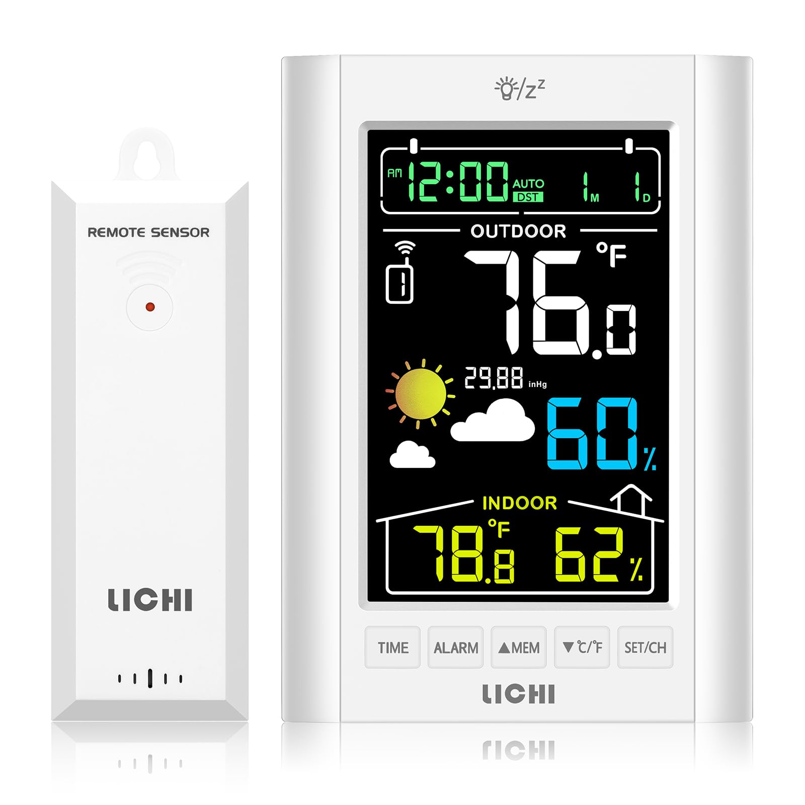 LICHI Weather Station main unit display provides at-a-glance time and readings.