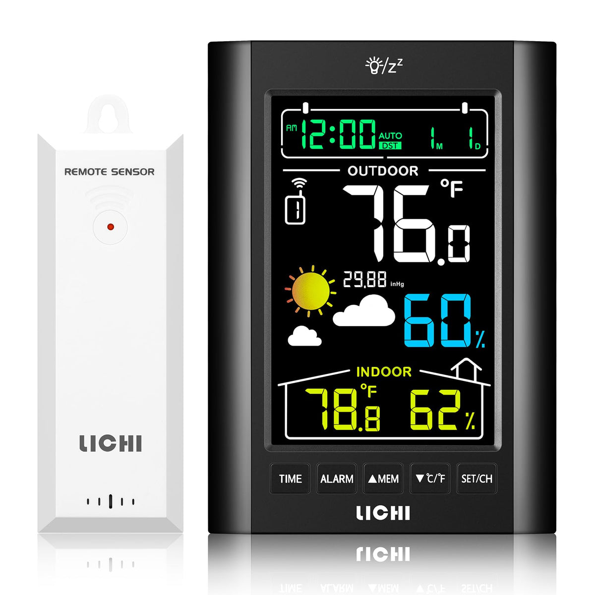LICHI Weather Station main unit display for quick time, date, and forecast at a glance.