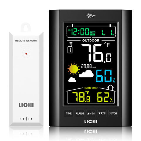 LICHI Weather Station main unit display for quick time, date, and forecast at a glance.