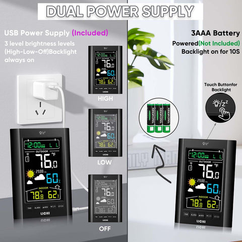 LICHI Weather Station remote temperature and humidity readings enable flexible placement.