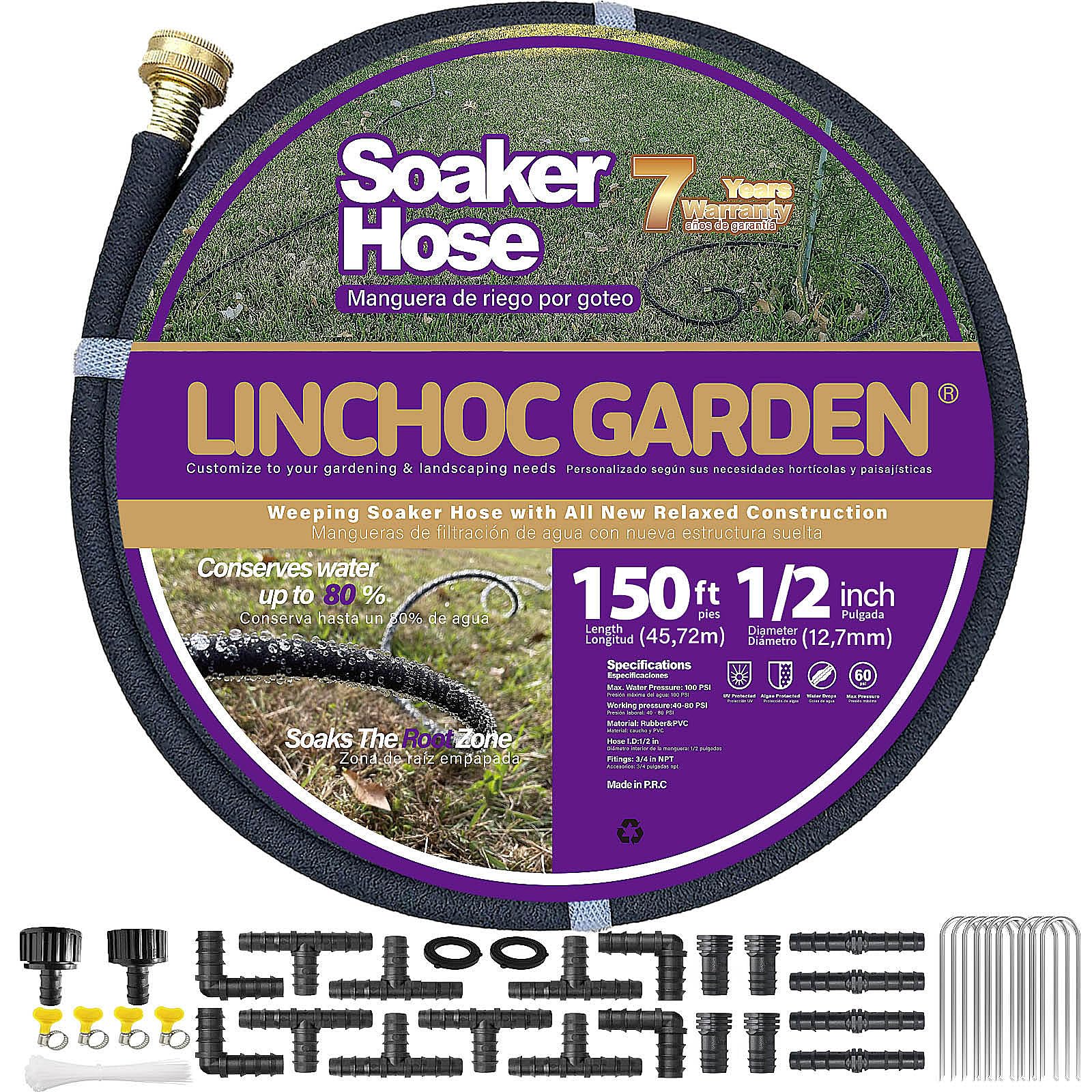 LICNCHOC GARDEN Soaker Hose 150ft for precise lawn and garden watering with deep root hydration.