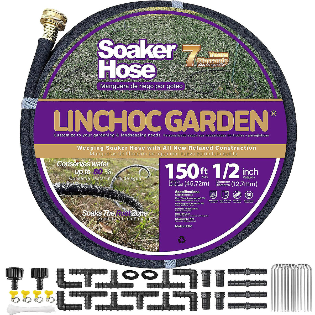LICNCHOC GARDEN Soaker Hose 150ft for precise lawn and garden watering with deep root hydration.