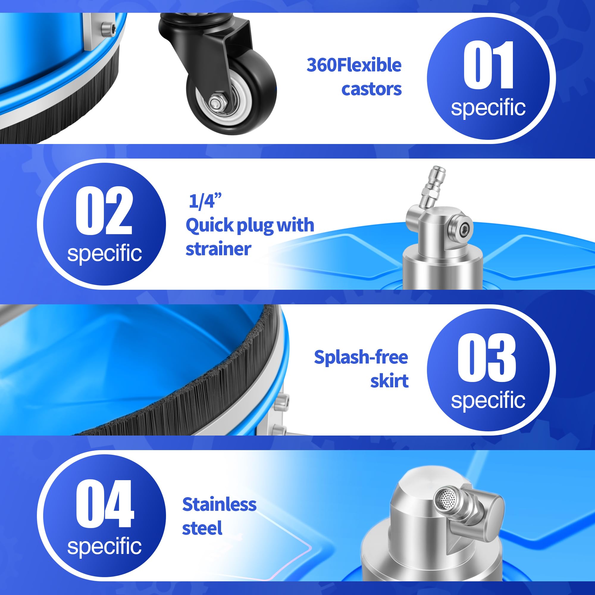 LidoDola surface cleaner’s weighted base stabilizes operation on concrete surfaces.