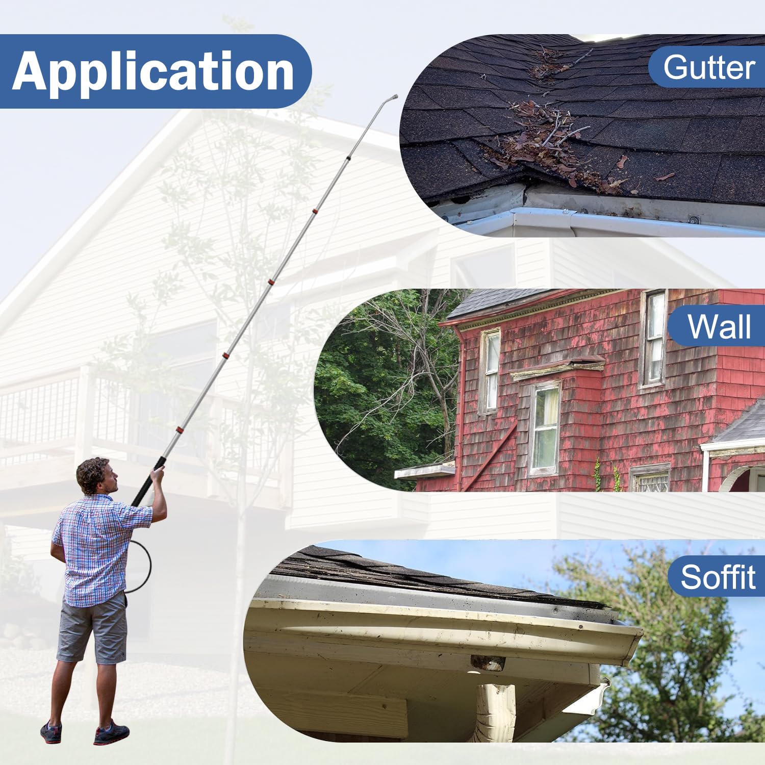 LidoDola wand cleans rooflines and siding for thorough outdoor care.