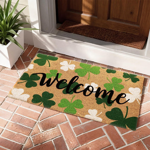 Liengoron Shamrock doormat featuring green and white pattern for durable front porch decor.