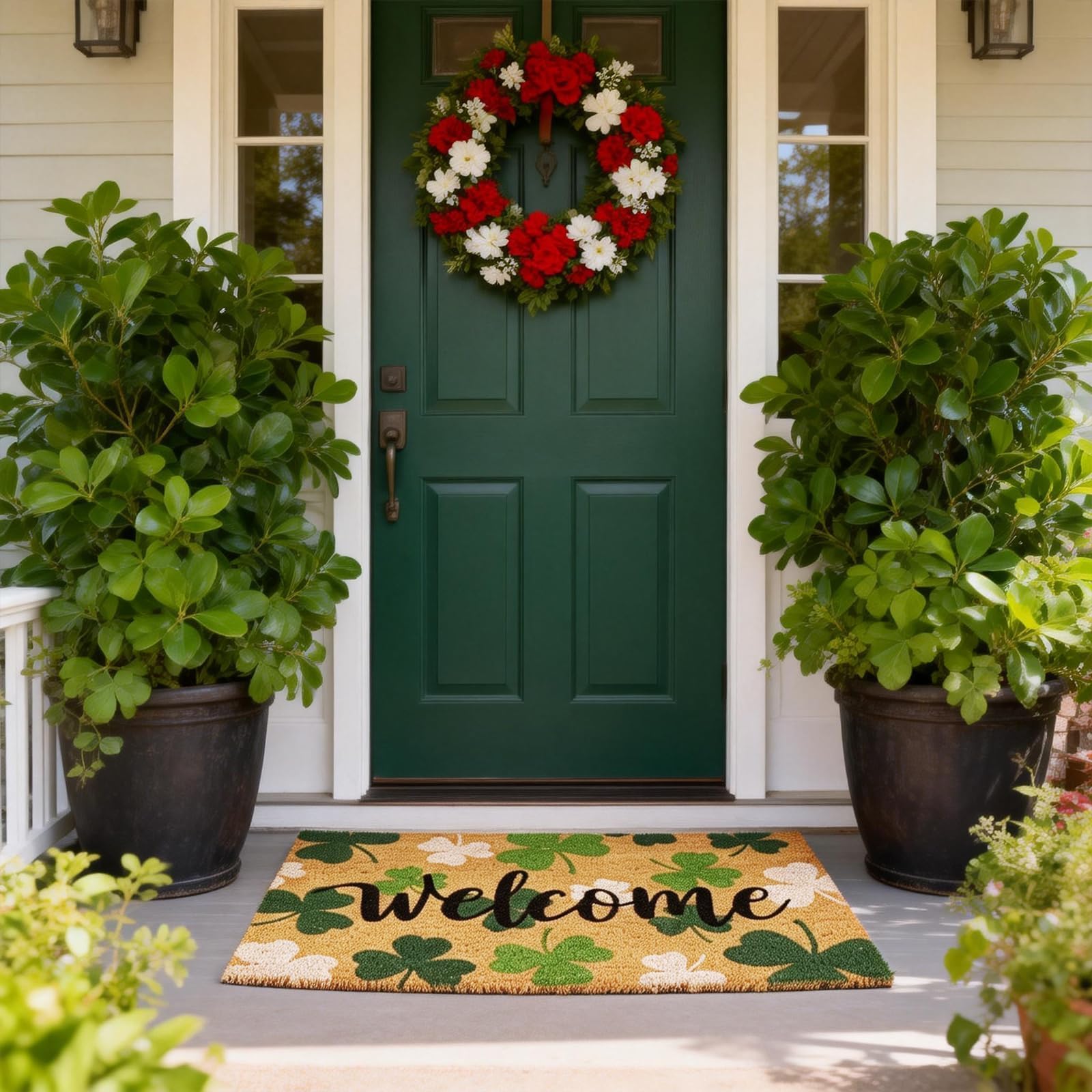 Liengoron Multipurpose shamrock door mat elevates porch appeal and cleaning routine.