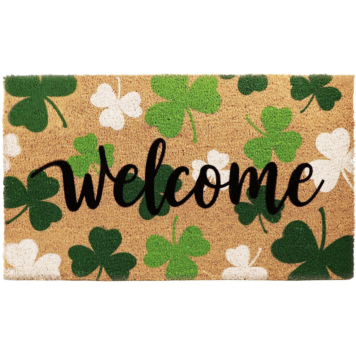 Liengoron St. Patrick's Day welcome mat with green shamrocks accents a festive entry.