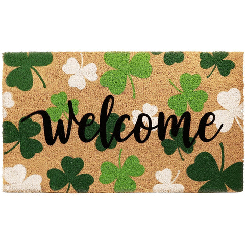 Liengoron St. Patrick's Day welcome mat with green shamrocks accents a festive entry.