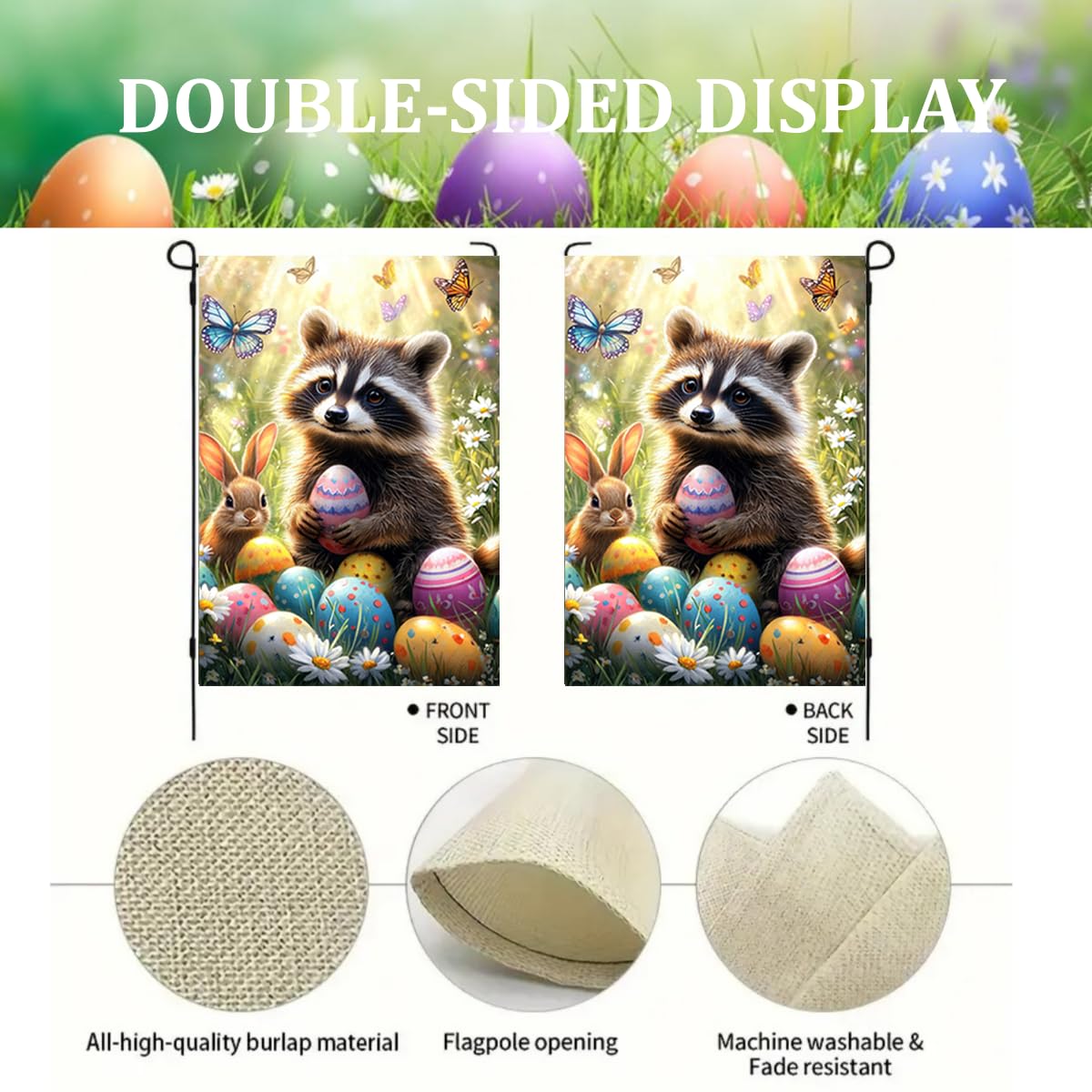 LienzoFest Easter Garden Flag burlap texture adds rustic charm and durability.