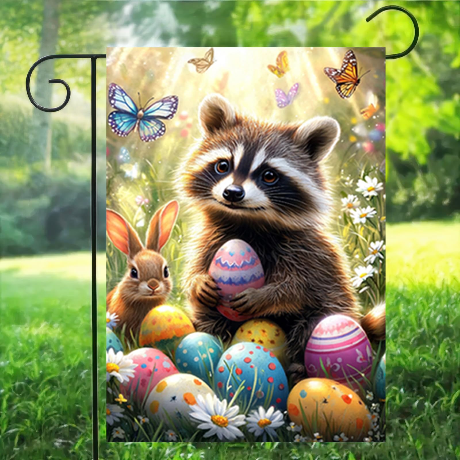 LienzoFest Easter Flag with raccoon and bunny design adds curb appeal.