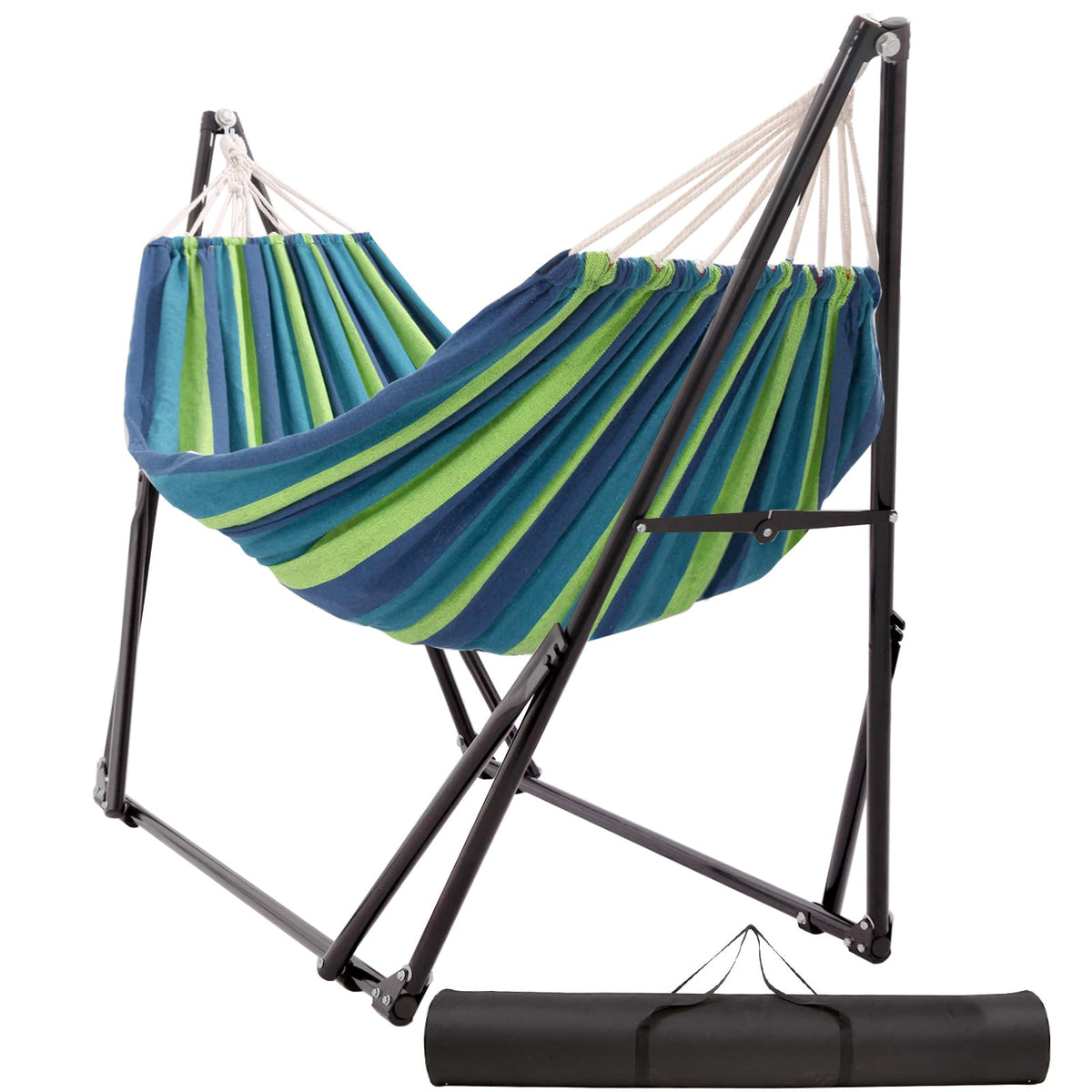 LIEVIM hammock with foldable steel stand for quick outdoor setup.