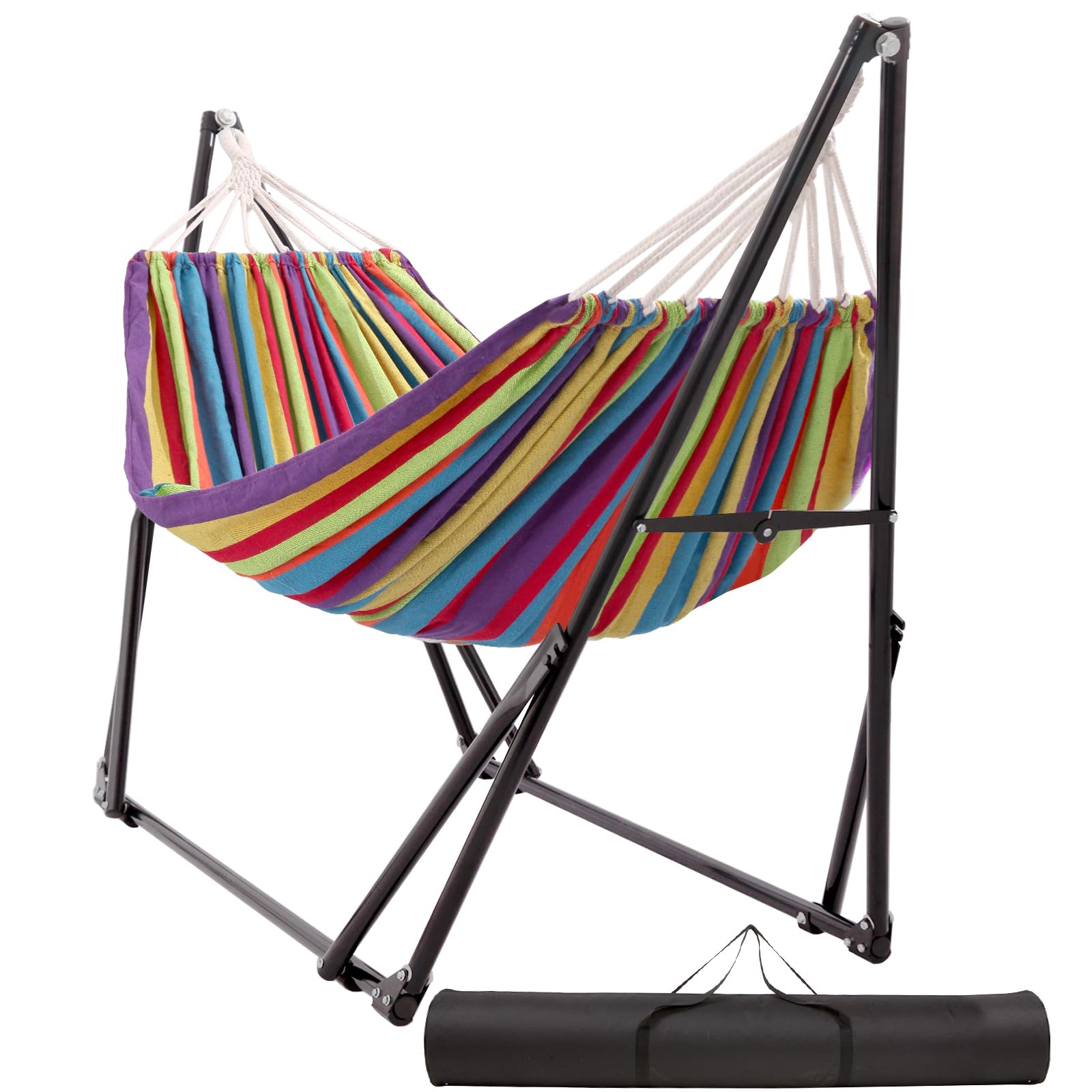 LIEVIM hammock with foldable steel stand for easy outdoor setup.