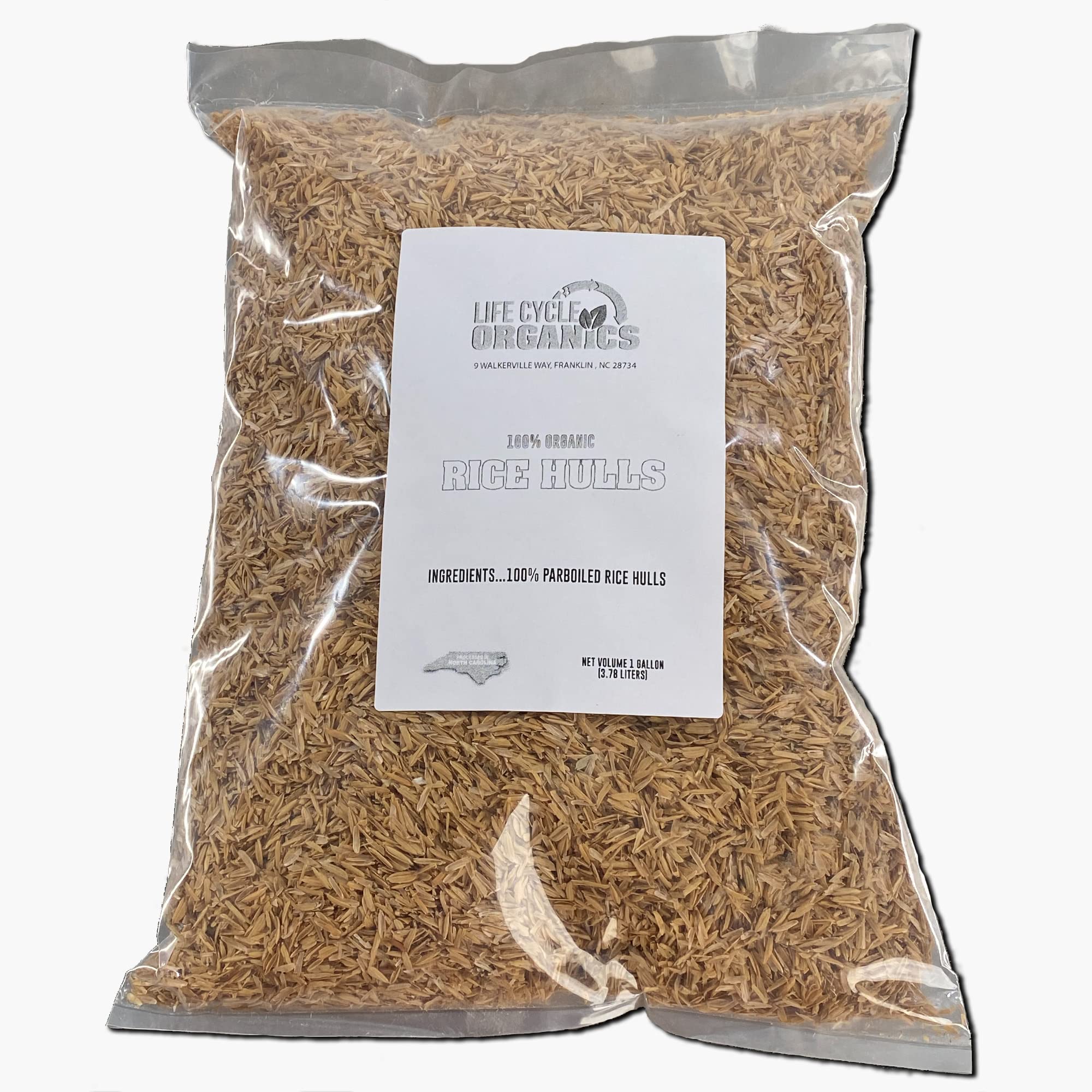 Life Cycle Organics Organic Rice Hulls bag labeled, ideal for improved soil drainage.