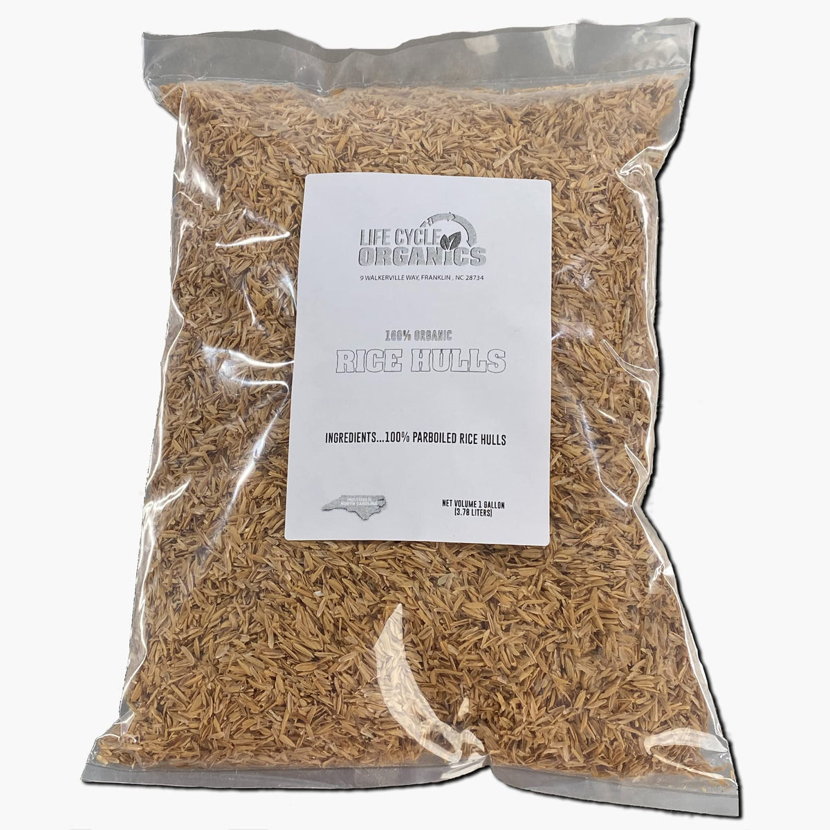 Life Cycle Organics Organic Rice Hulls bag labeled, ideal for improved soil drainage.