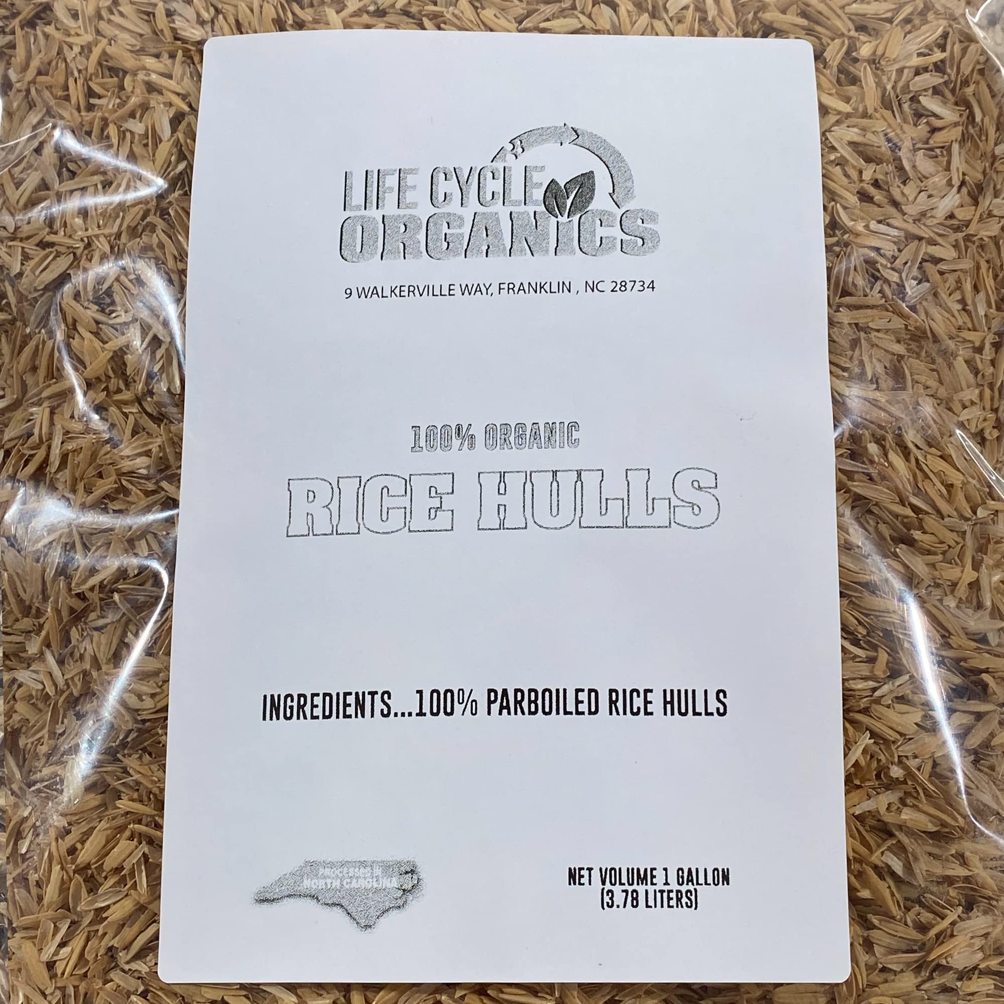 Life Cycle Organics rice hulls packaging supports moisture control in soil.