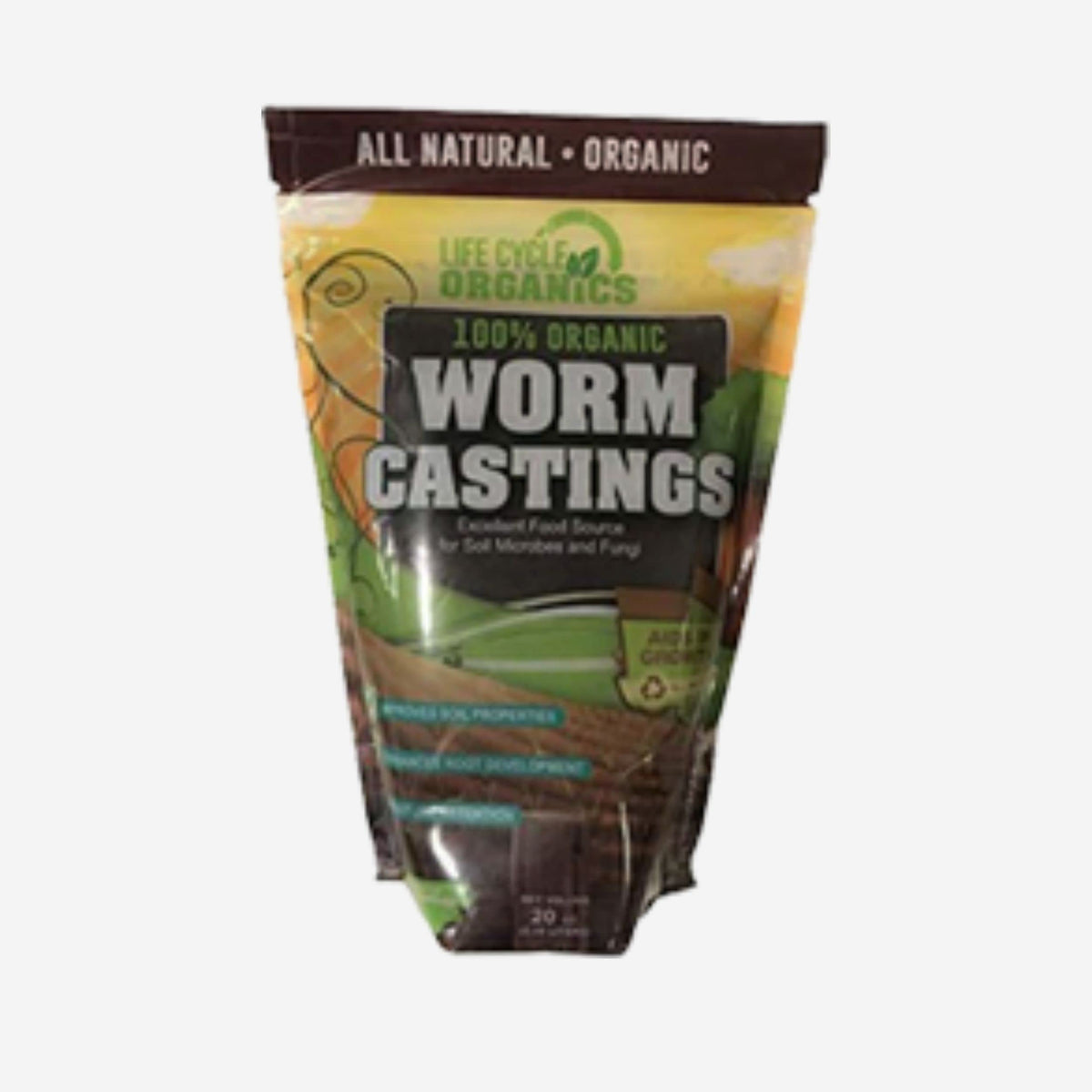 Life Cycle Organics worm castings 20oz bag enriches soil for healthier roots.