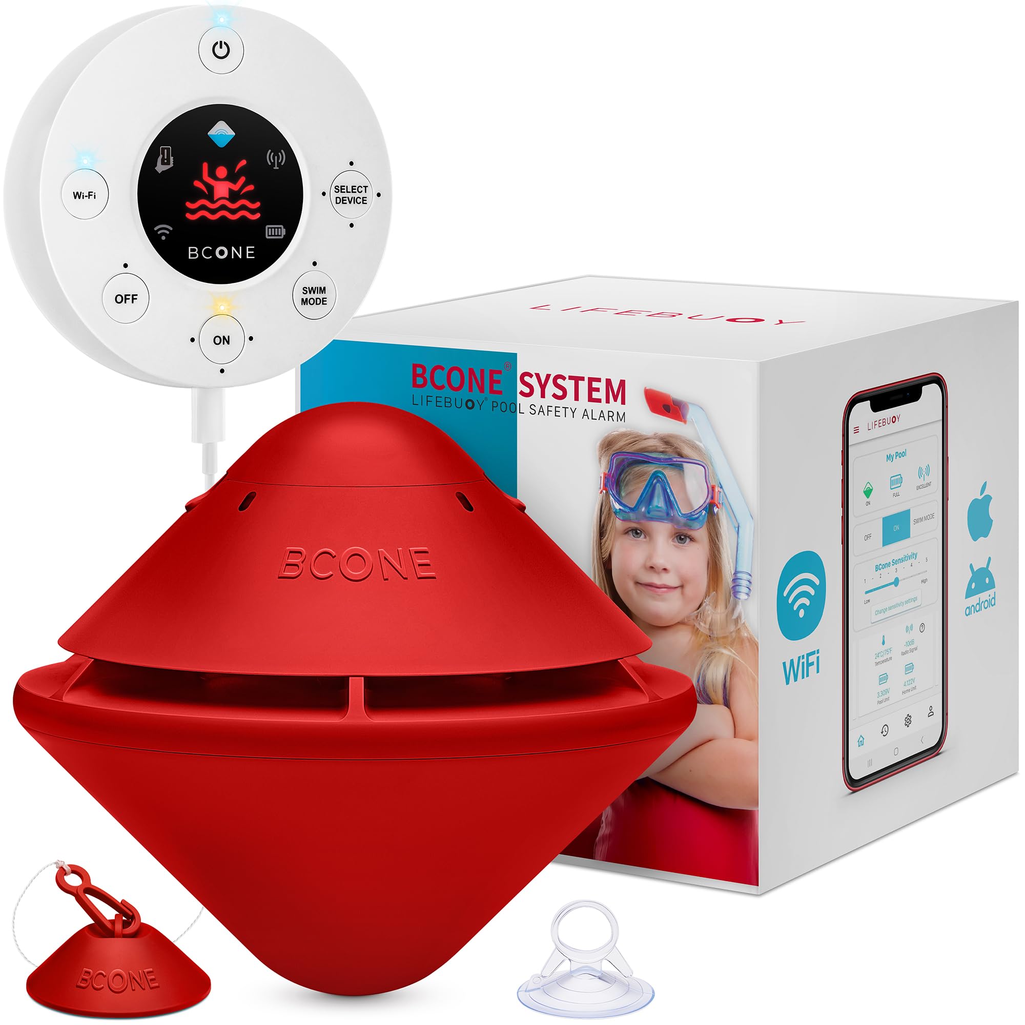 Lifebuoy BCONE home unit front view for enhanced pool safety.